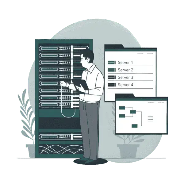Illustration of a man checking the servers' statuses