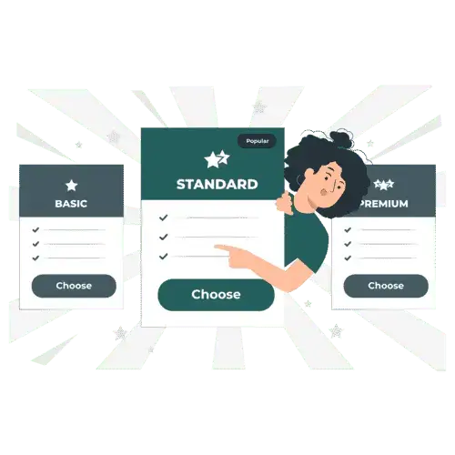 Illustration of a man peeking around price tables choosing VPS Hosting Plan