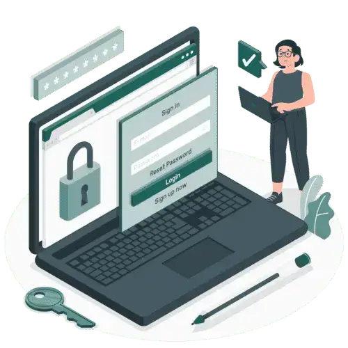 Illustration of a girl holding something and a laptop with security lock