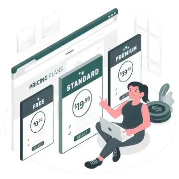 Illustration of a girl sitting on the floor choosing a hosting plan from pricing tables