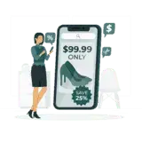 Illustration of a big cell phone with prices on it and a girl standing next to it to represent Web Hosting Prices.