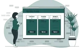 Illustration of a woman standing next to Pricing tables