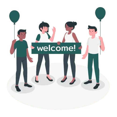 Illustration of a group of people holding balloons and a Welcome sign for Web Hosting Services