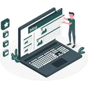 Illustration of a man standing at a laptop working on a blog