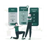 Illustration of a woman and a man with the man looking like he's sking the woman to choose a reseller plan and start their own business