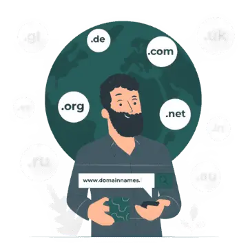 Illustration of a man with a phone in front of a circle of domain name extensions