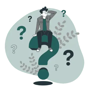 Illustration of a man sitting on a huge question mark with other question marks floating around him