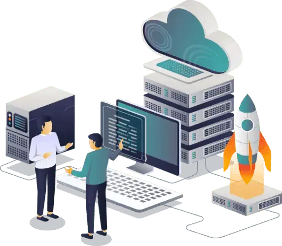 Reseller hosting business illustration: two people working at computers beside servers, a cloud and a launching rocket