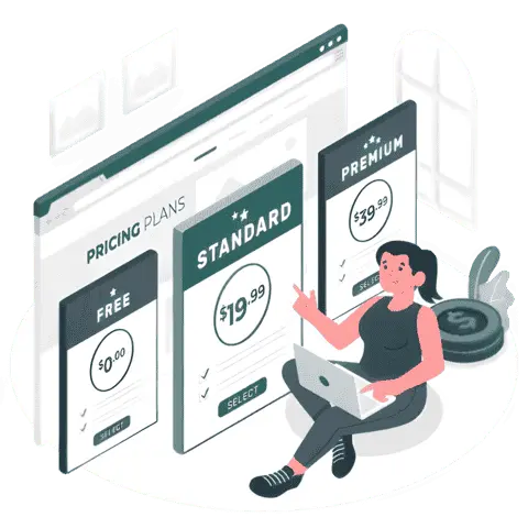 Shared vs WordPress vs VPS hosting illustration: a girl sitting on the floor choosing a hosting plan from pricing tables