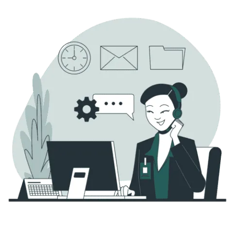 Website add-ons illustration: a woman with a headset working at a computer, with email, folder and settings icons