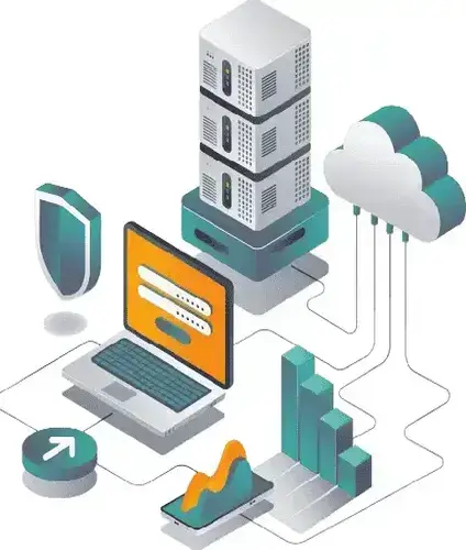 WHMCS reseller hosting illustration: a server, laptop, security shield and cloud with three people at workstations