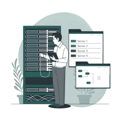 WordPress PageSpeed illustration: a man checking server status on a monitor